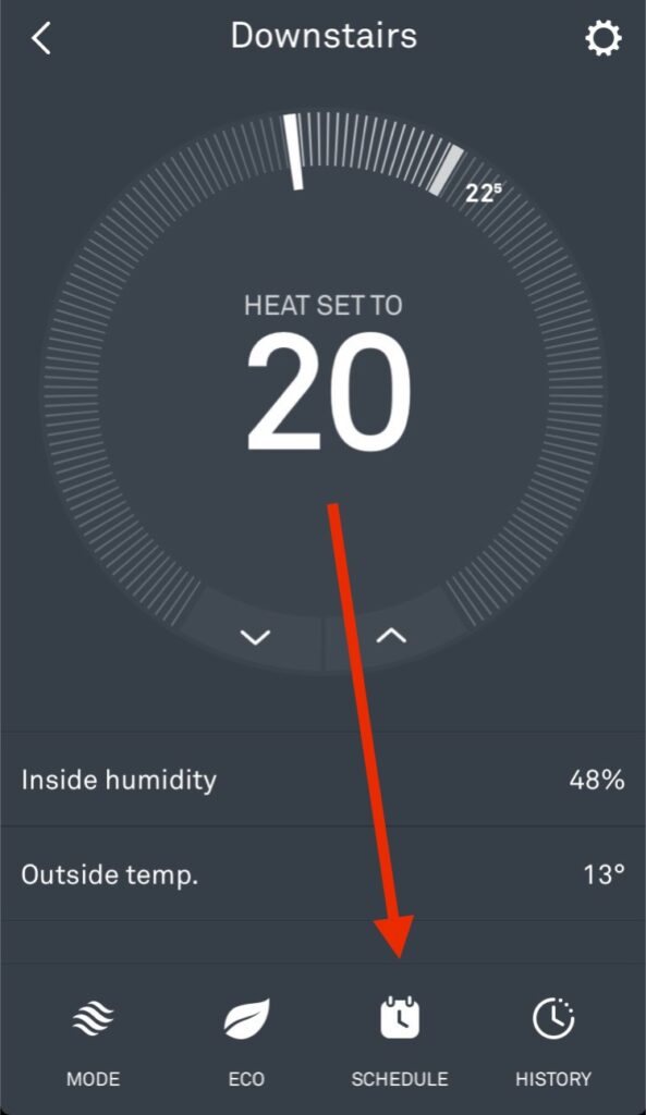 Nest app home screen red arrow pointing to schedule button